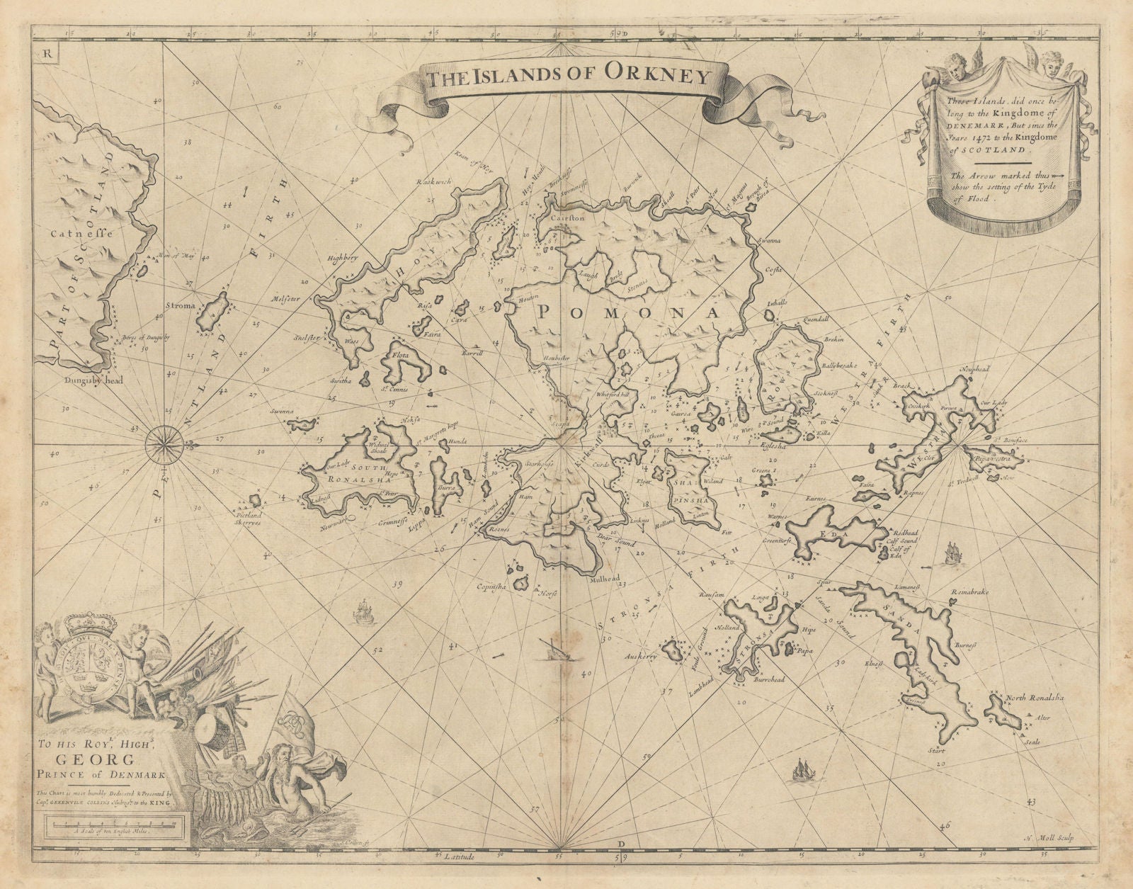 The Islands of Orkney sea chart by Capt G. COLLINS. Pomona Hoy &c 1723 old map
